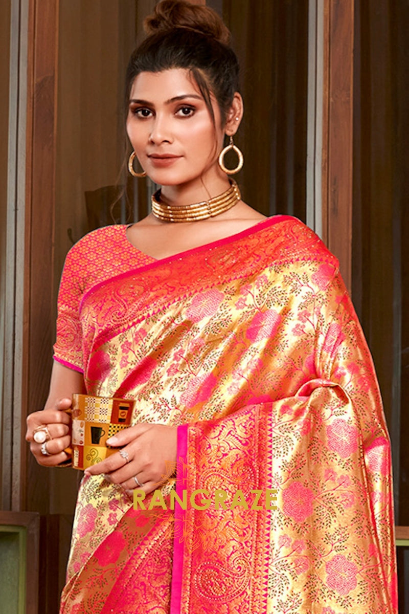 Pink Golden Heavy Golden Zari Work Banarasi Silk Saree