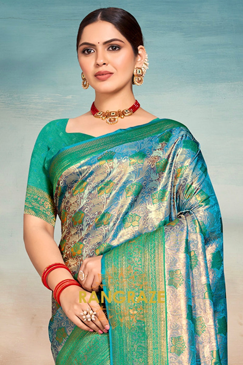 Elegant Turquoise Green Banarasi Silk Saree With Woven Zari Work