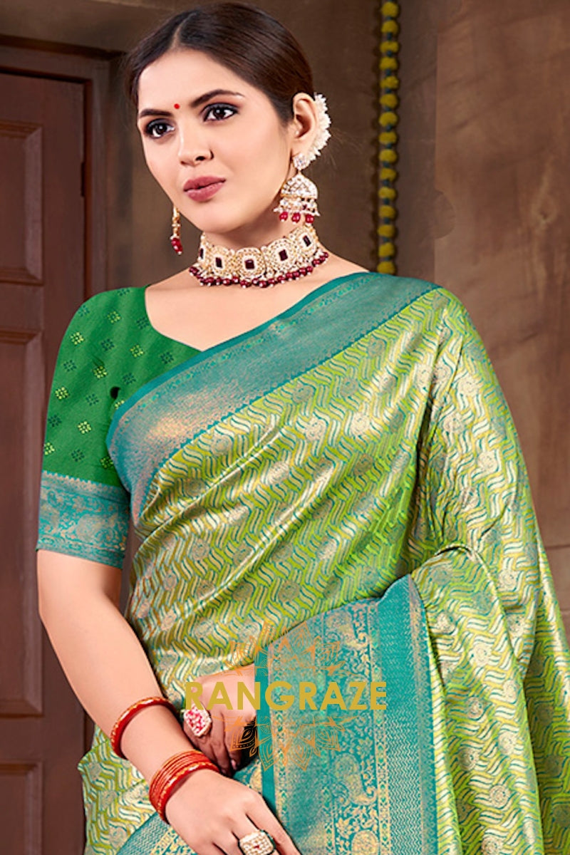 Radiant Turquoise Green Banarasi Silk Saree With Woven Zari Work