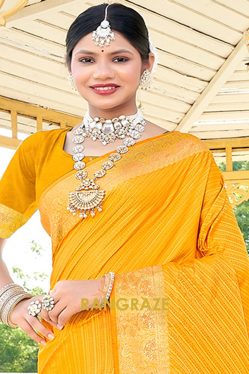 Yellow Golden Zari Banarasi Silk Saree With Matching Blouse