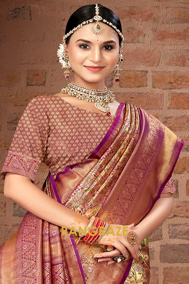 Purple Golden Heavy Golden Zari Work Banarasi Silk Saree