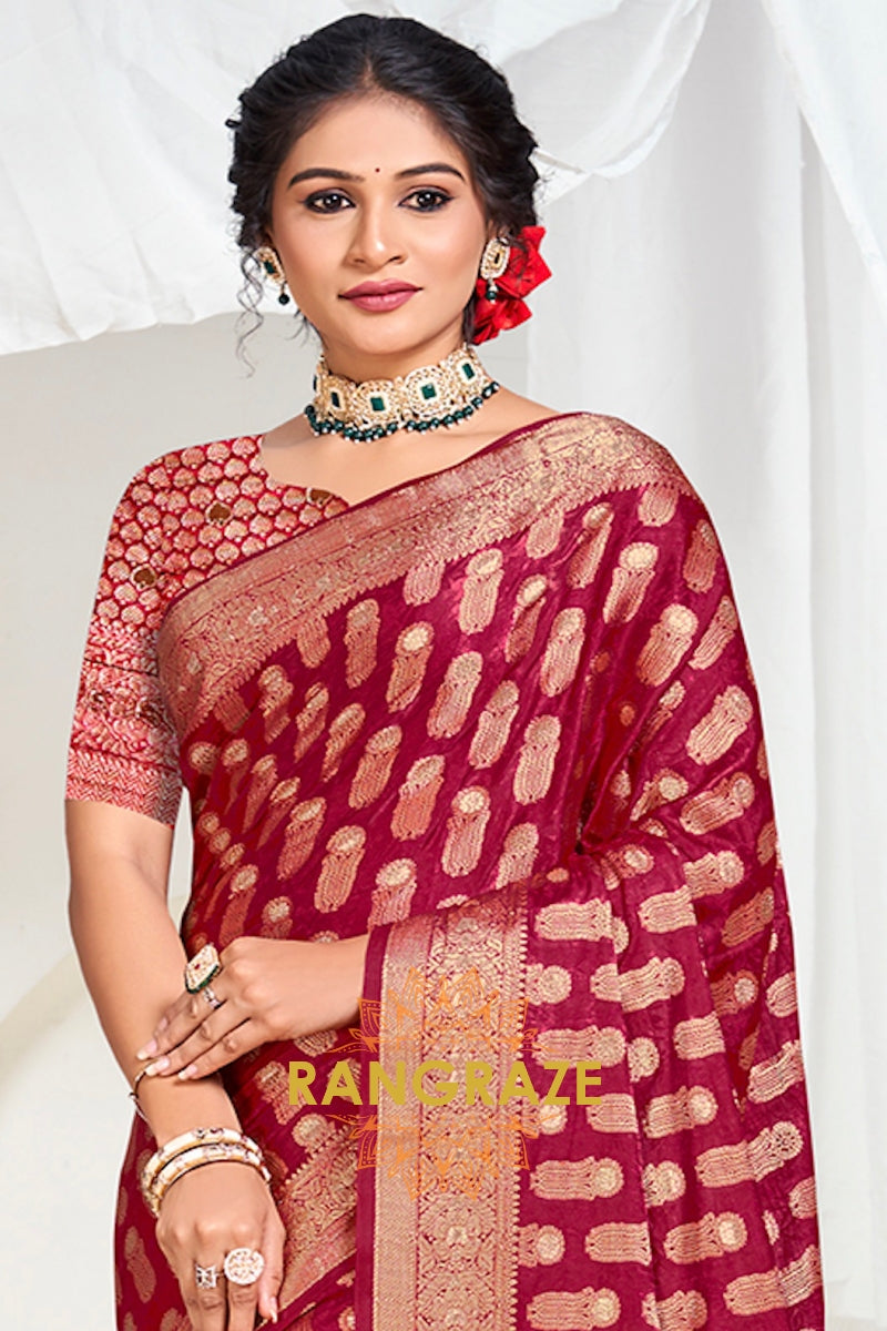 Royal Red Banarasi Silk Saree With Golden Zari Buta Work