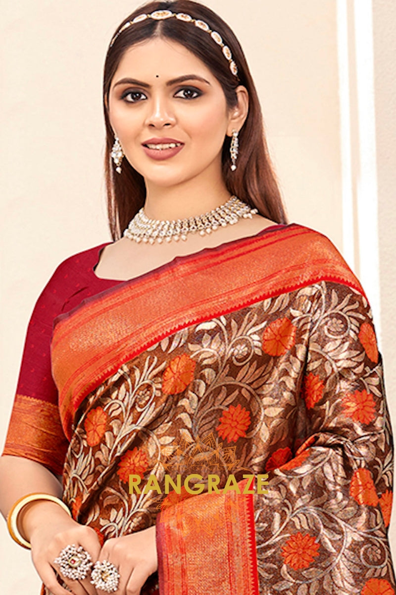 Metal Red Floral Red Kanjivaram Silk Saree With Blouse