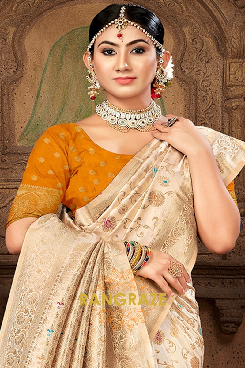 Golden Blouse Banarasi Silk Beige Golden Saree