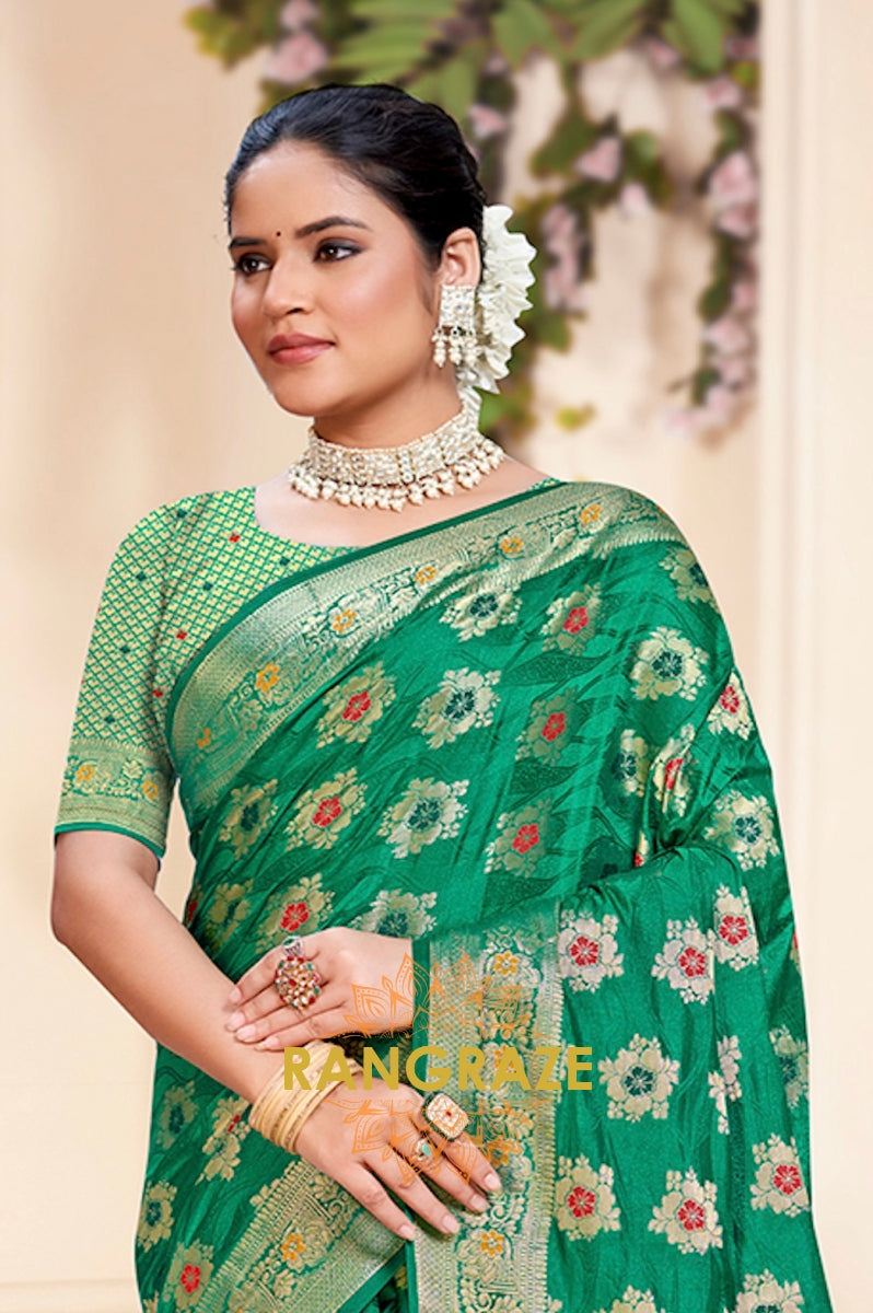 Timeless Sea Green Banarasi Silk Saree With Golden Zari Buta Work