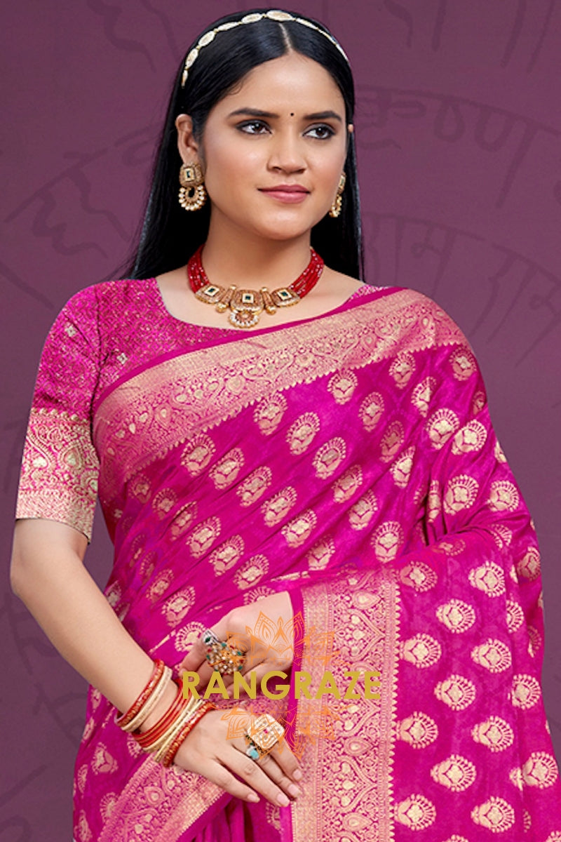 Divine Magenta Banarasi Silk Saree With Golden Zari Buta Work