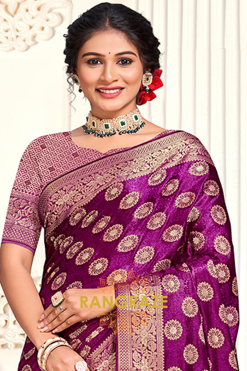 Charming Purple Banarasi Silk Saree With Golden Zari Buta Work