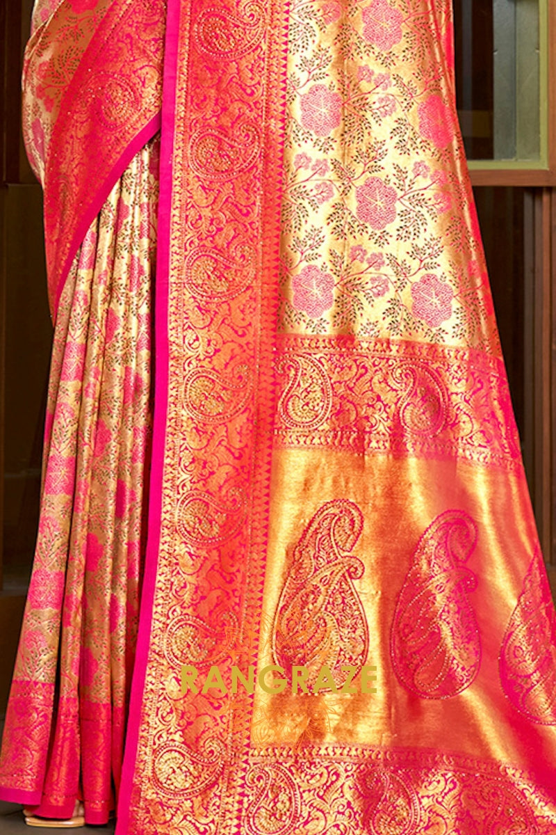 Pink Golden Heavy Golden Zari Work Banarasi Silk Saree