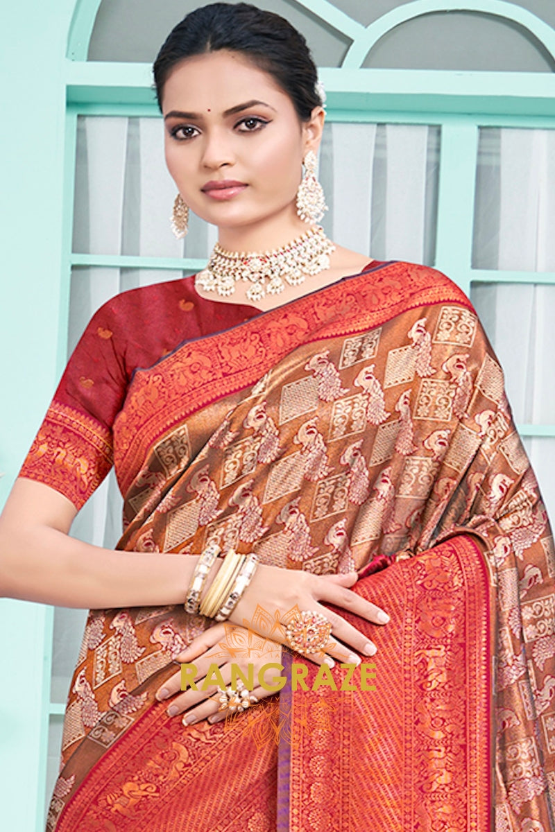 Majestic Brown Red Floral Red Kanjivaram Silk Saree With Blouse