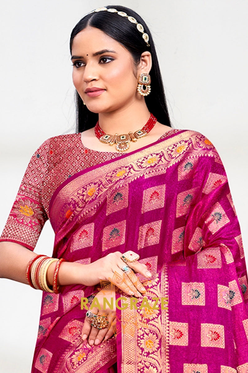 Elegant Magenta Pink Banarasi Silk Saree With Golden Zari Buta Work