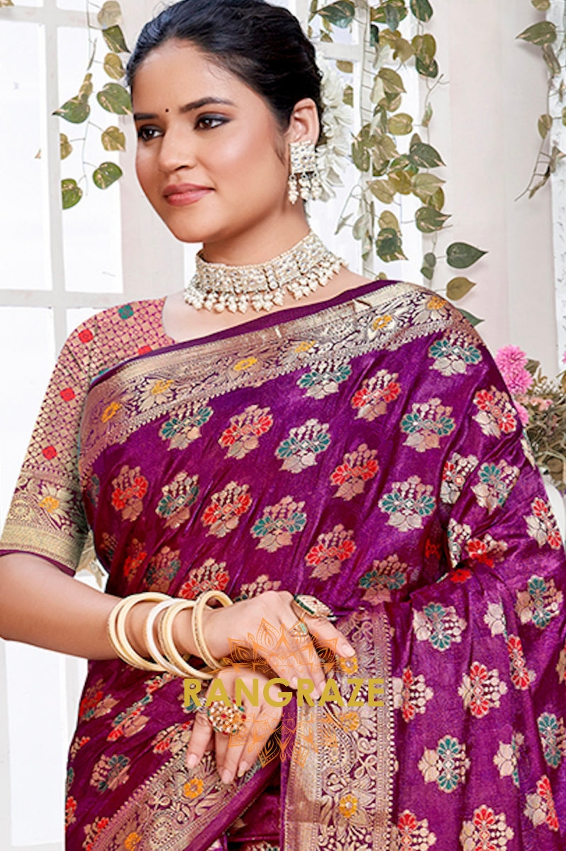 Lavish Purple Banarasi Silk Saree With Golden Zari Buta Work