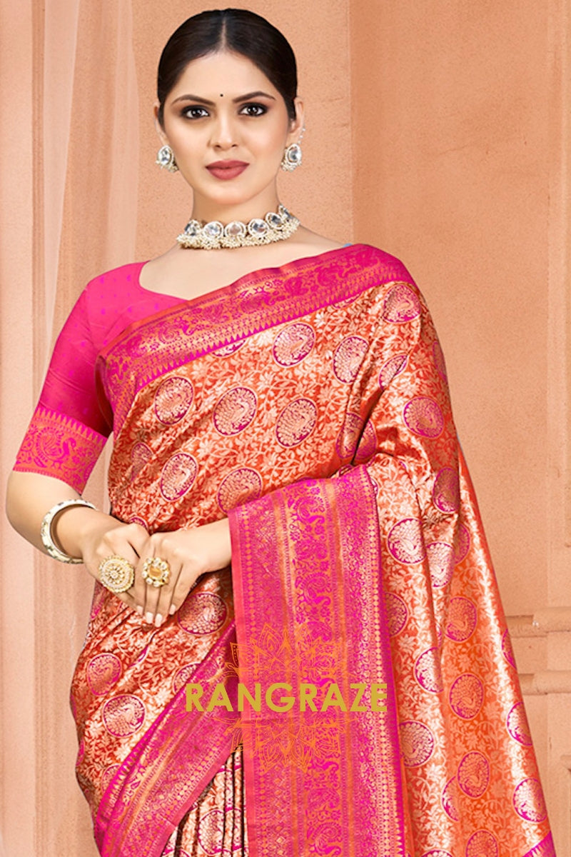 Divine Golden Magenta Banarasi Silk Saree With Woven Zari Work