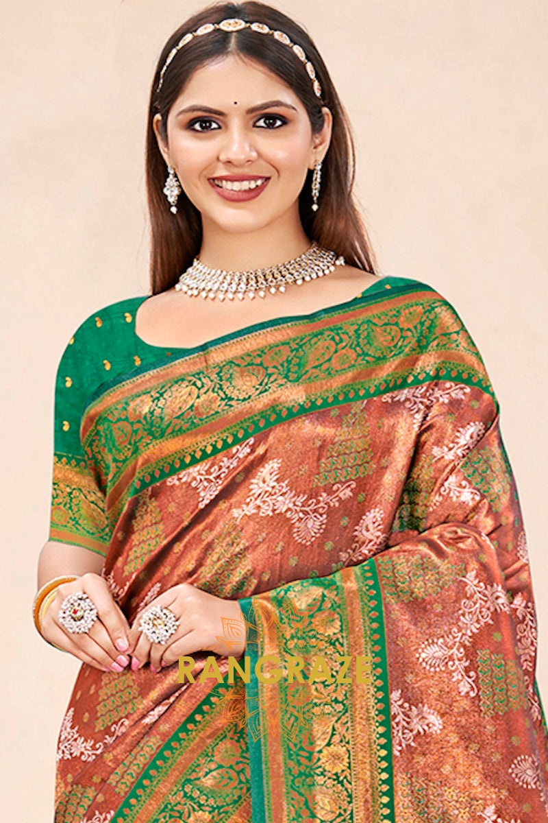 Imperial Brown Green Floral Silk Saree With Blouse