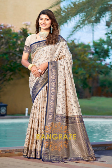 Beige Blue Banarasi Silk Saree With Contrast Pallu