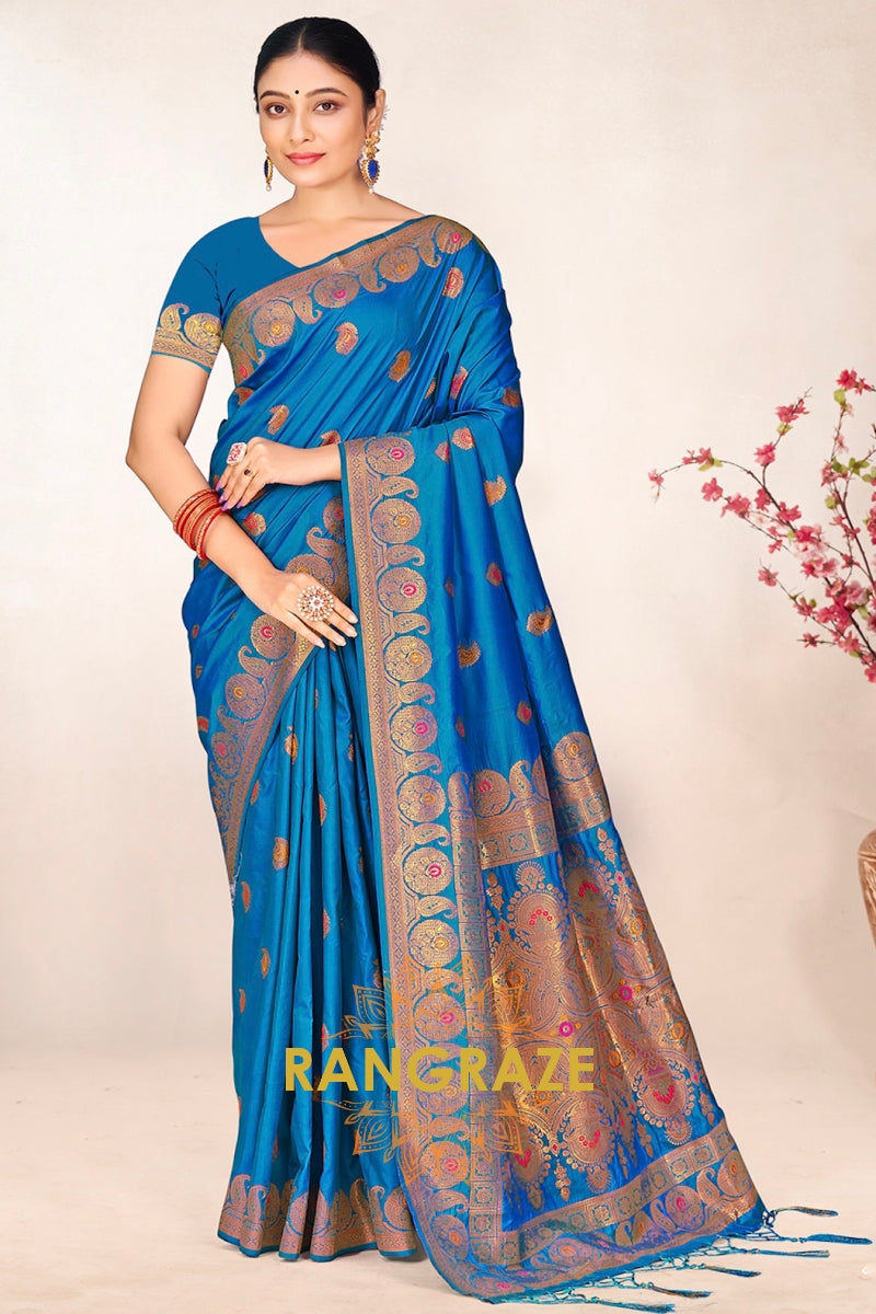 Mysticlue Blue Banarasi Silk Saree With Golden Pallu