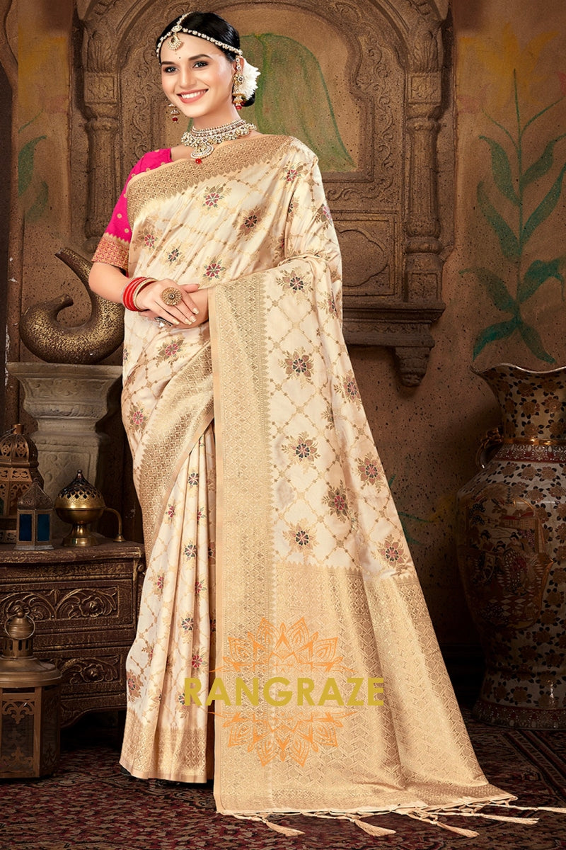 Magenta Blouse Banarasi Silk Beige Golden Saree