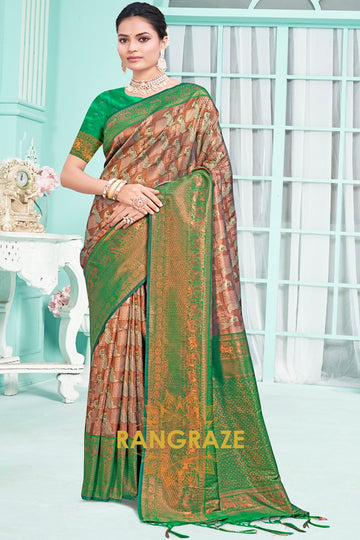 Majestic Brown Green Floral Red Kanjivaram Silk Saree With Blouse