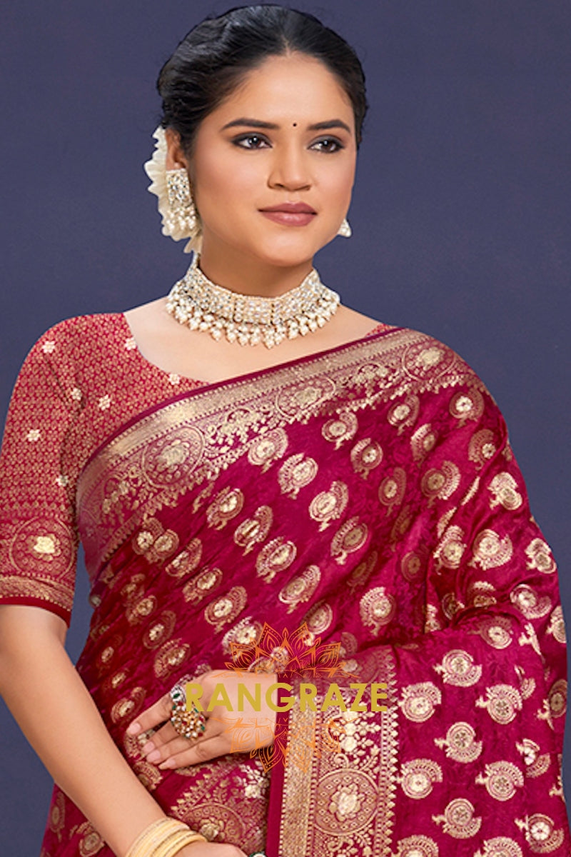 Luxurious Red Banarasi Silk Saree With Golden Zari Buta Work