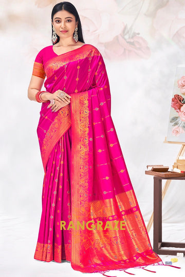 Magenta Pink Intricate Zari Work Banarasi Silk Saree