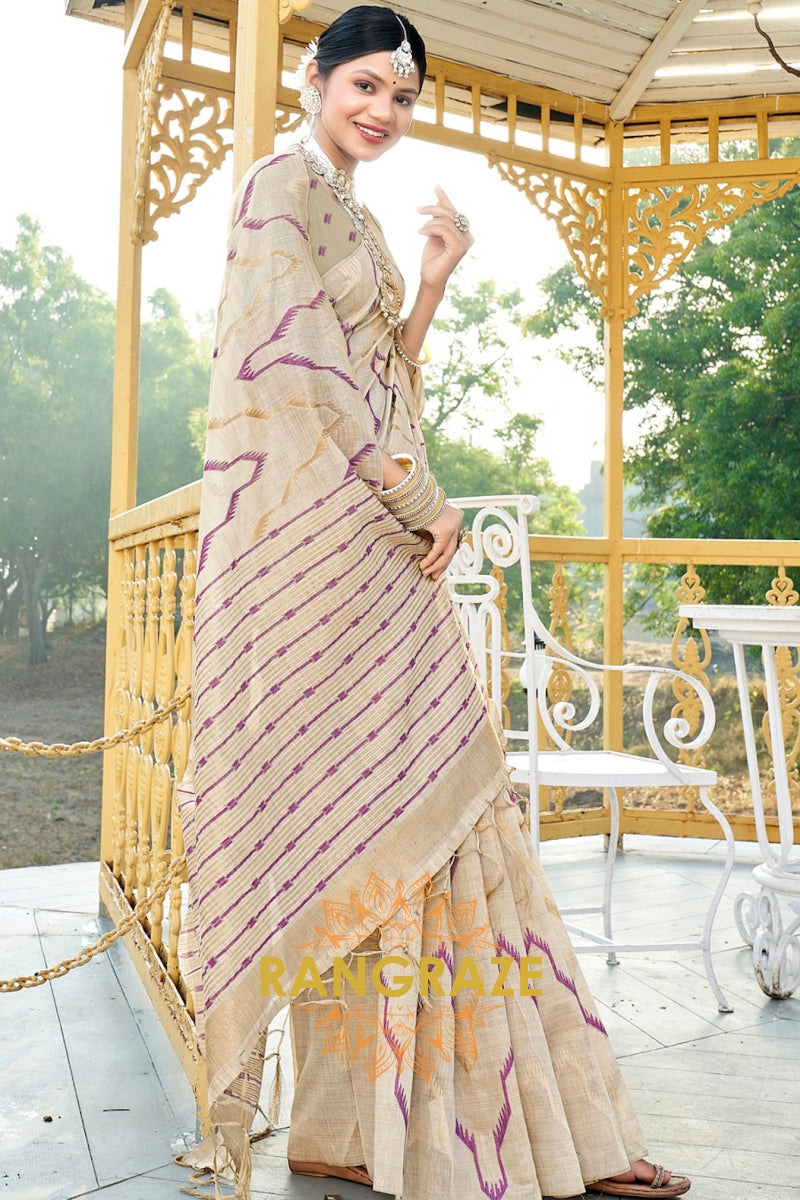 Purple Pure Cotton Ivory Cream Saree