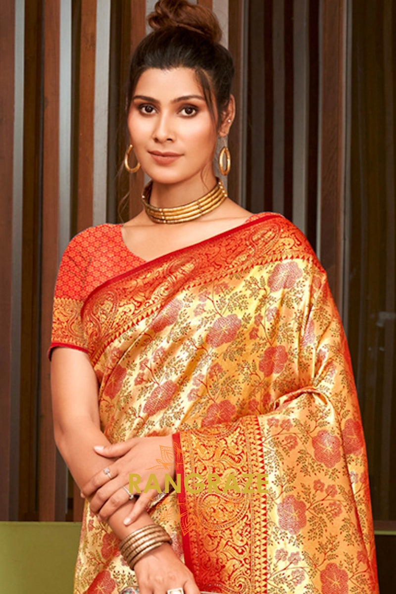 Orange Gold Heavy Golden Zari Work Banarasi Silk Saree