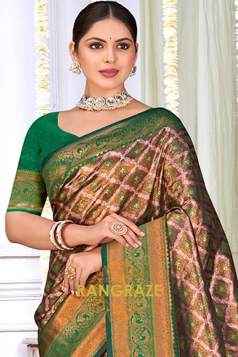 Divine Brown Green Floral Red Kanjivaram Silk Saree With Blouse