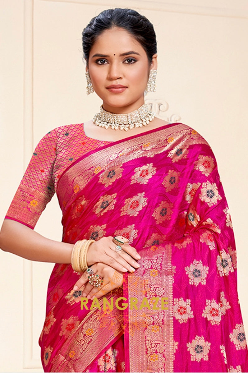 Timeless Magenta Pink Banarasi Silk Saree With Golden Zari Buta Work