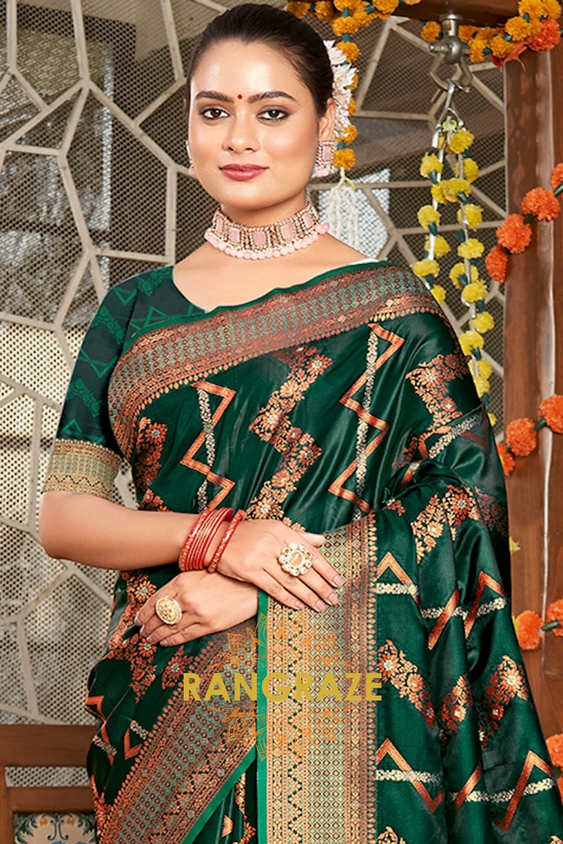 Green Pure Satin Silk Saree With Golden Zari Work