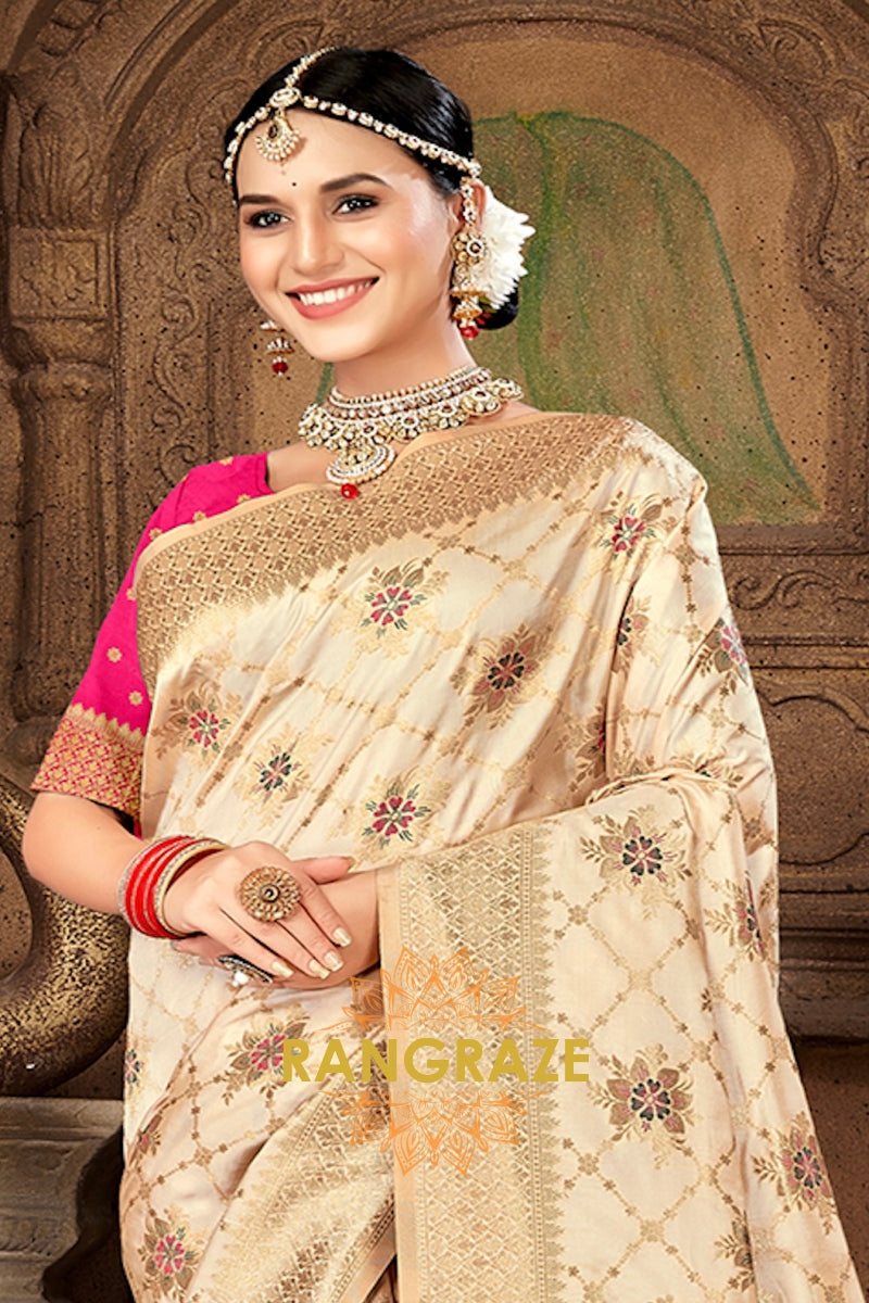 Magenta Blouse Banarasi Silk Beige Golden Saree