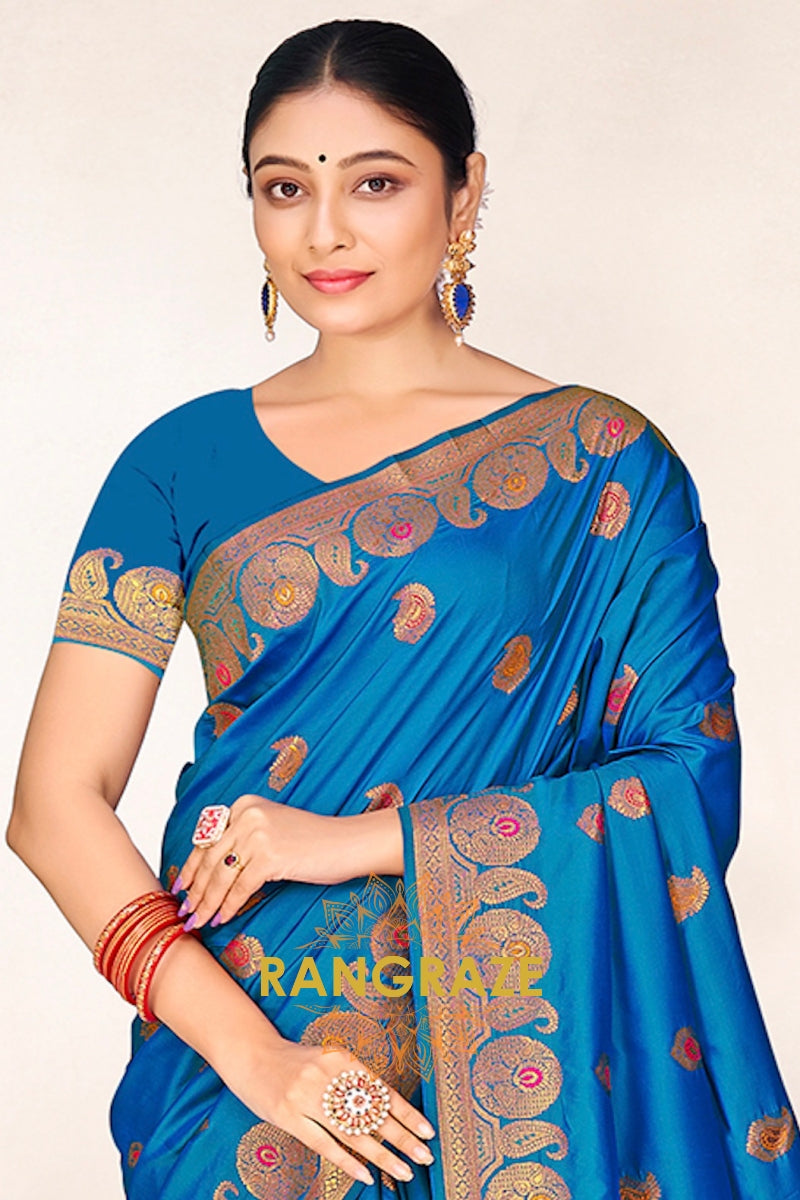 Mysticlue Blue Banarasi Silk Saree With Golden Pallu