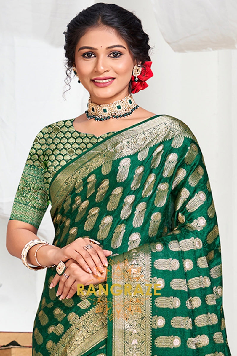 Royal Dark Green Banarasi Silk Saree With Golden Zari Buta Work