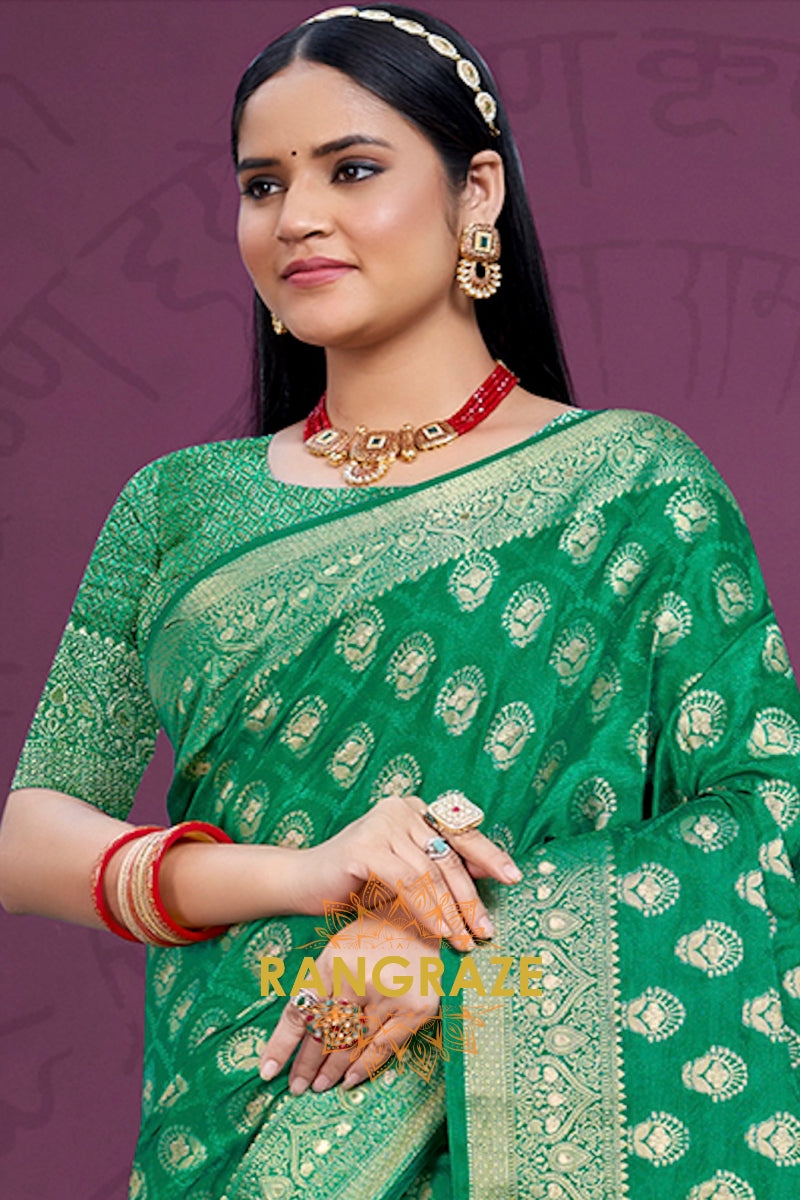 Divine Green Banarasi Silk Saree With Golden Zari Buta Work