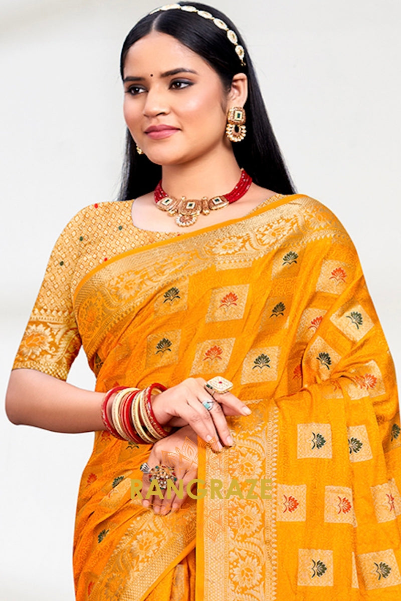 Elegant Yellow Banarasi Silk Saree With Golden Zari Buta Work