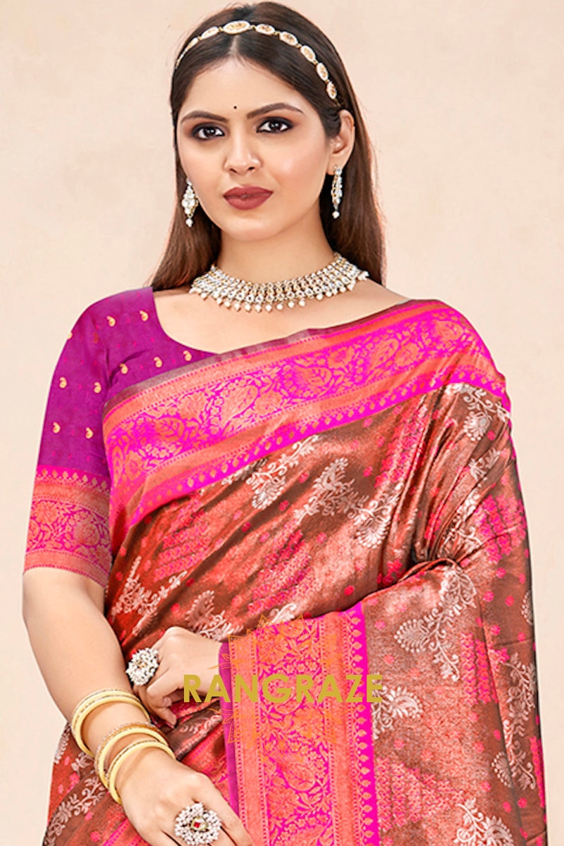 Imperial Brown Pink Floral Tussar Silk Saree With Blouse