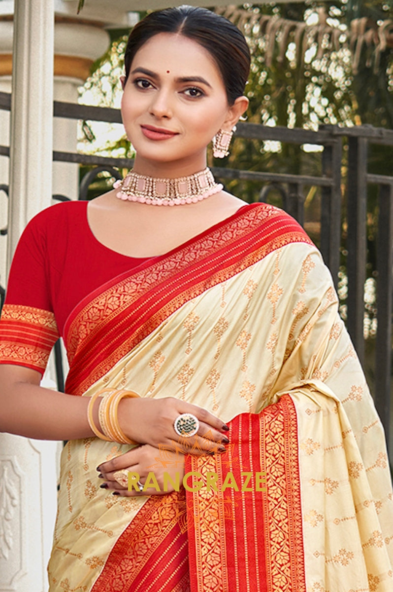 Opulent Beige Banarasi Silk Saree With Pallu Matching Blouse