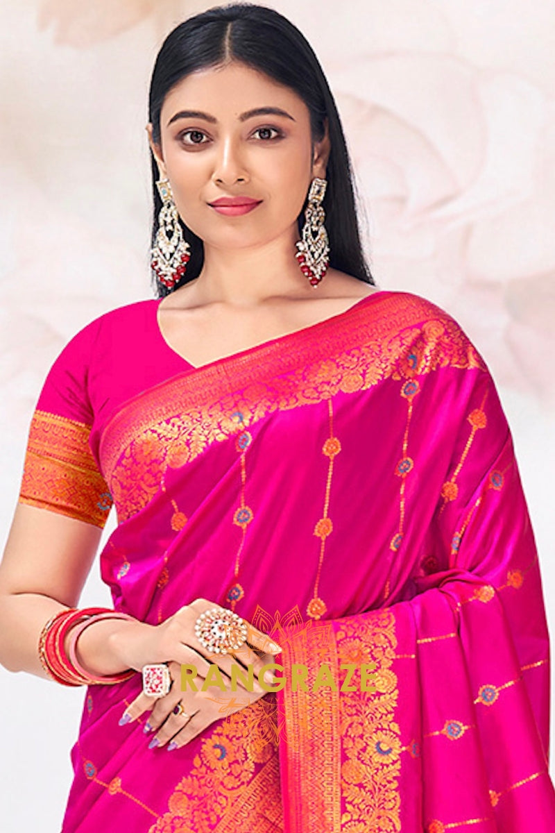 Magenta Pink Intricate Zari Work Banarasi Silk Saree