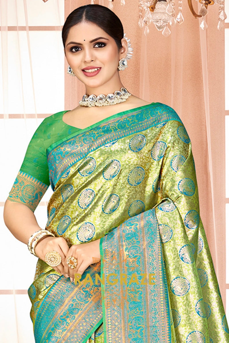 Divine Olive Green Banarasi Silk Saree With Woven Zari Work