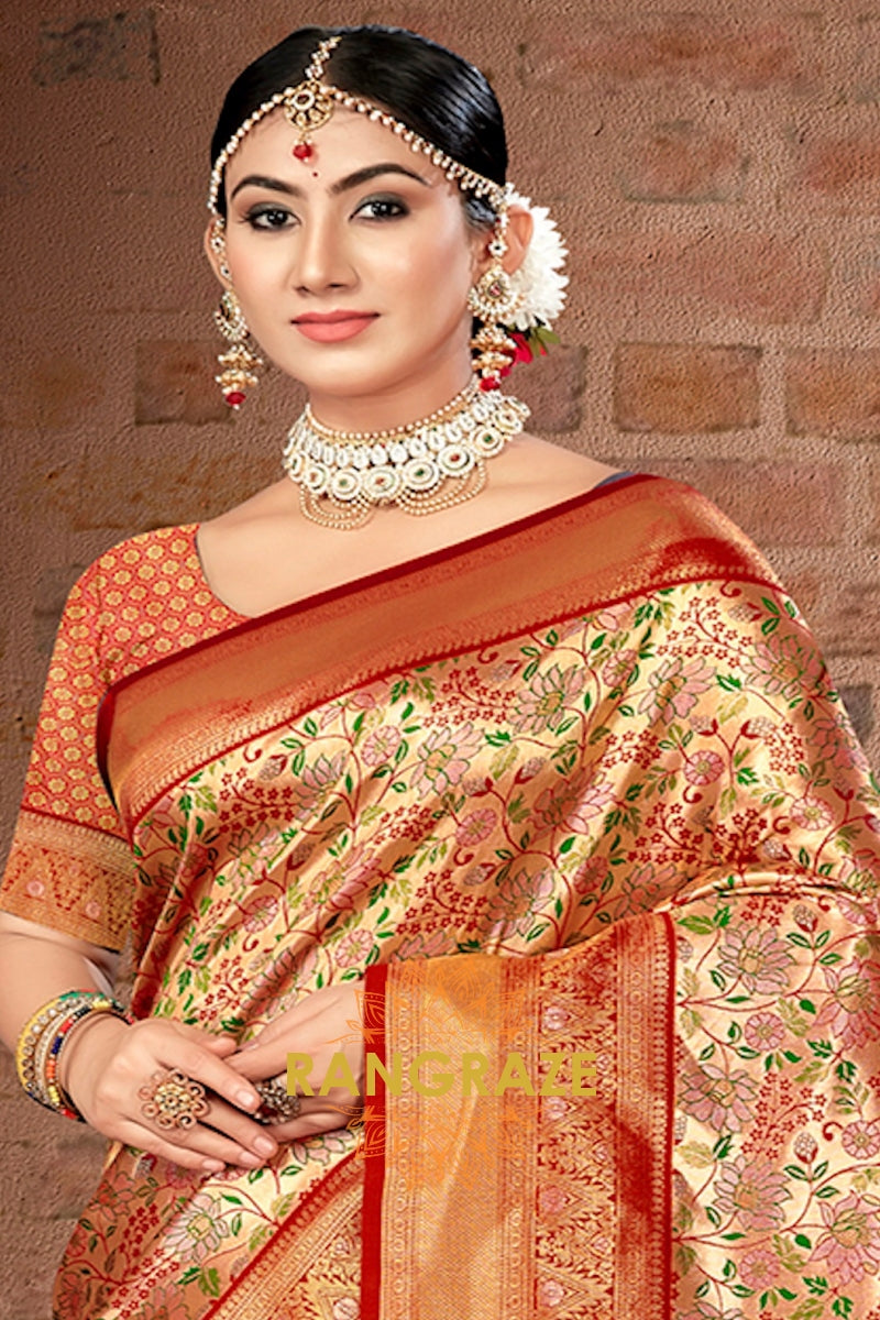 Gold Orange Heavy Golden Zari Work Banarasi Silk Saree