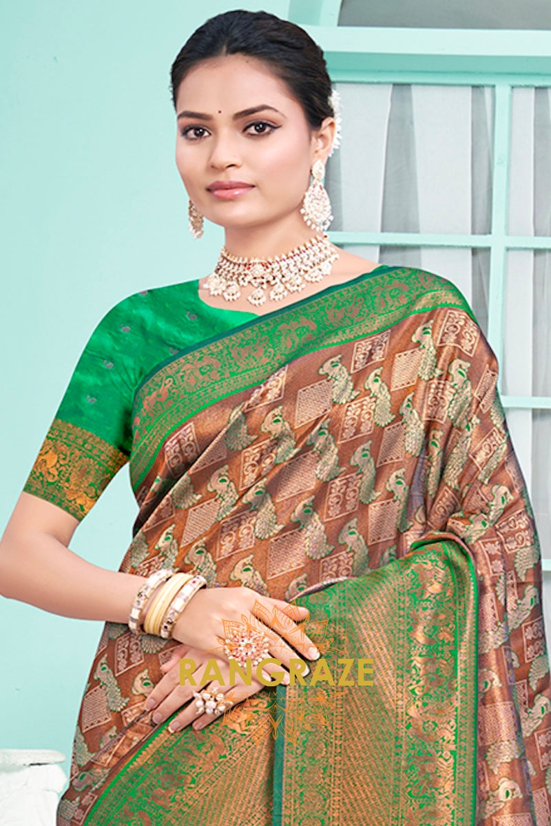 Majestic Brown Green Floral Red Kanjivaram Silk Saree With Blouse