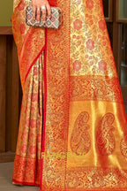 Orange Gold Heavy Golden Zari Work Banarasi Silk Saree