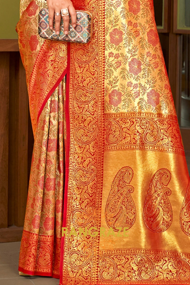 Orange Gold Heavy Golden Zari Work Banarasi Silk Saree