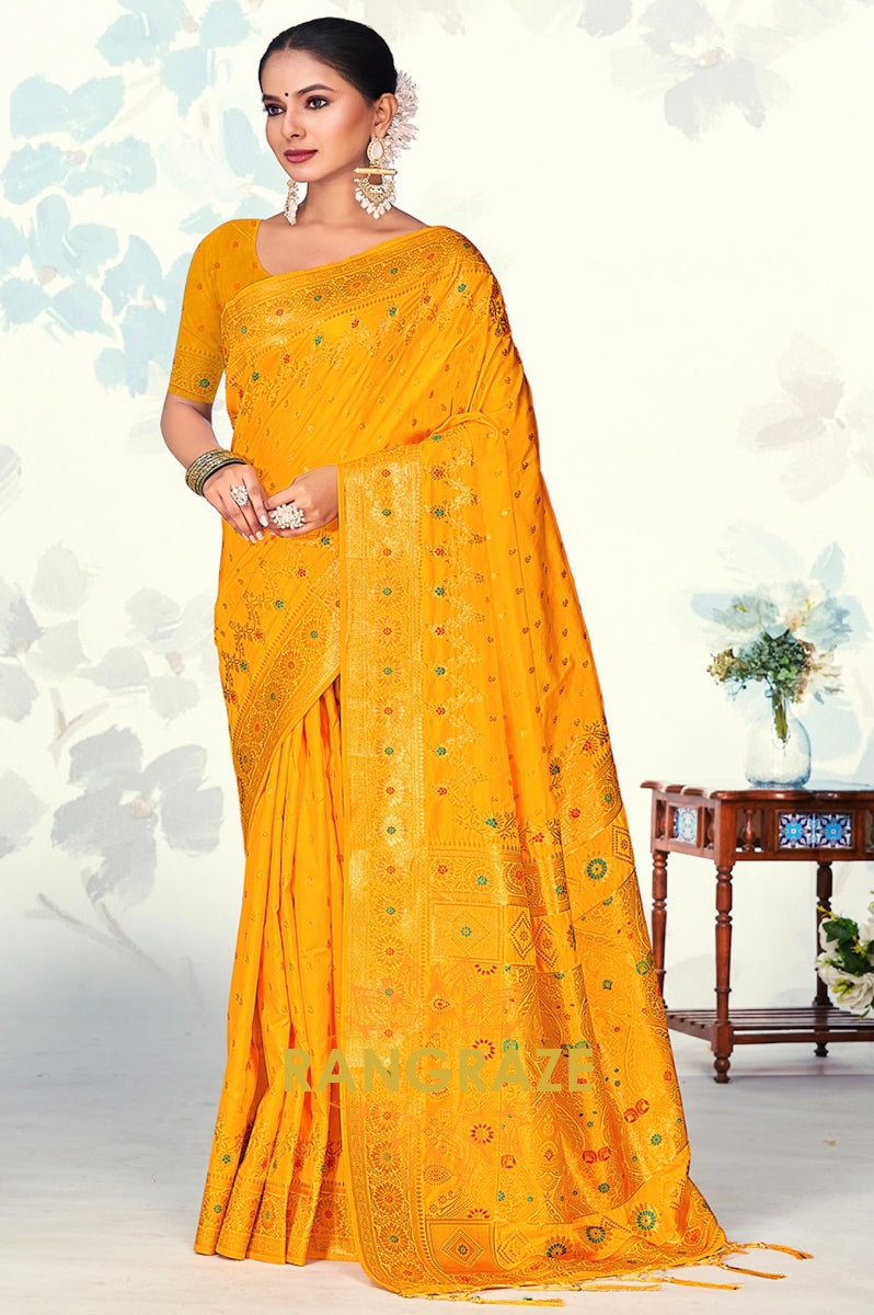 Regal Yellow Banarasi Silk Saree With Matching Blouse