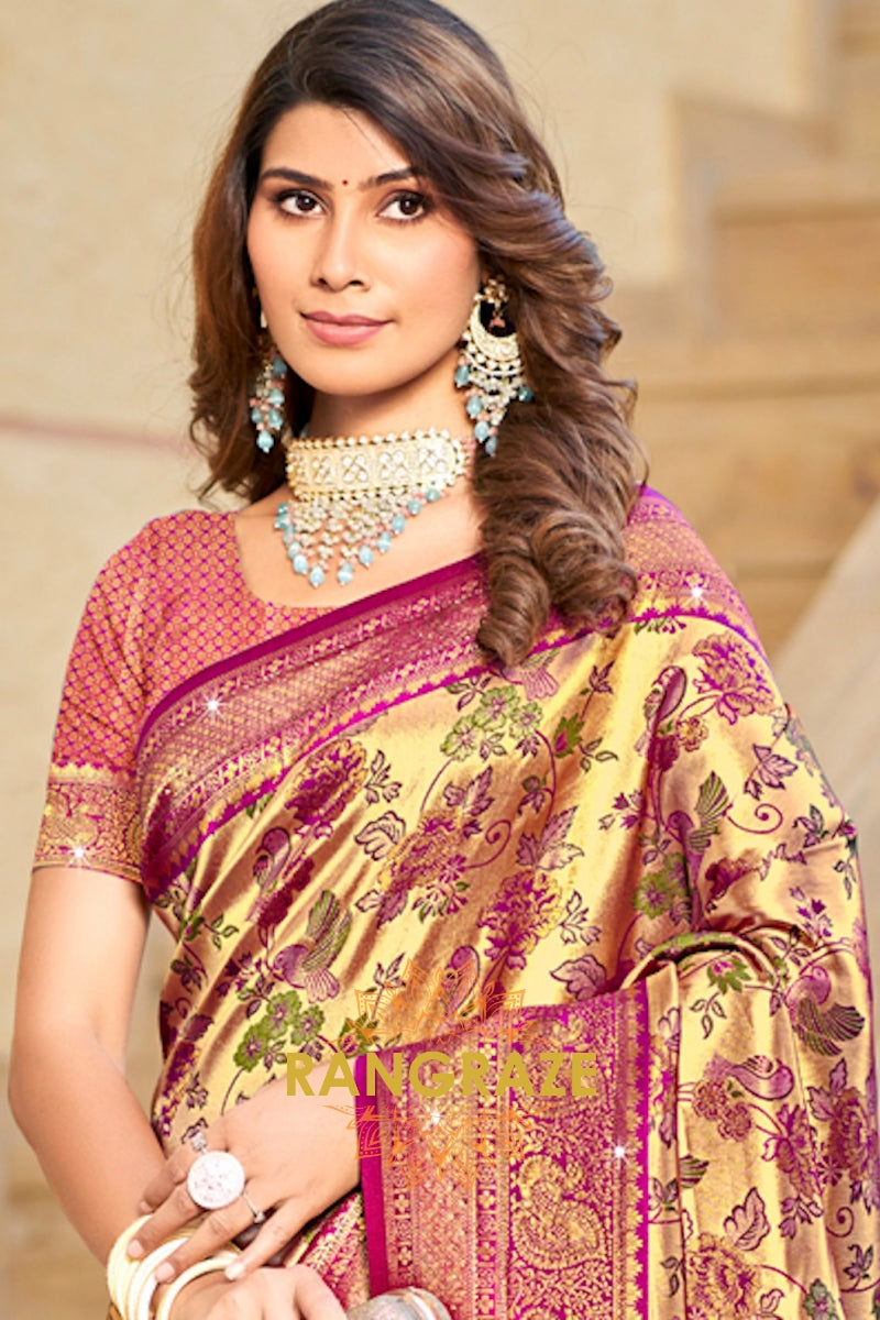 Golden Magenta Heavy Golden Zari Work Banarasi Silk Saree