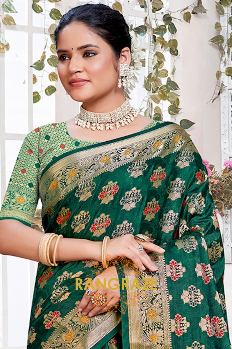 Lavish Dark Green Banarasi Silk Saree With Golden Zari Buta Work