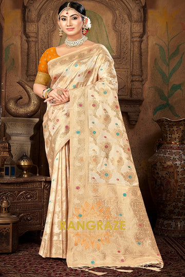 Lavish Yellow Blouse Banarasi Silk Beige Golden Saree