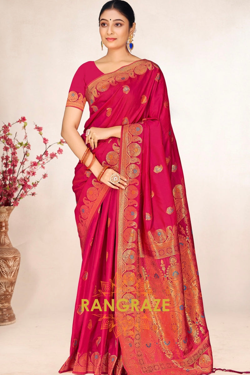 Mystic Red Banarasi Silk Saree With Golden Pallu