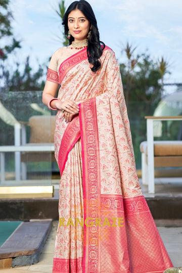 Beige Pink Banarasi Silk Saree With Contrast Pallu