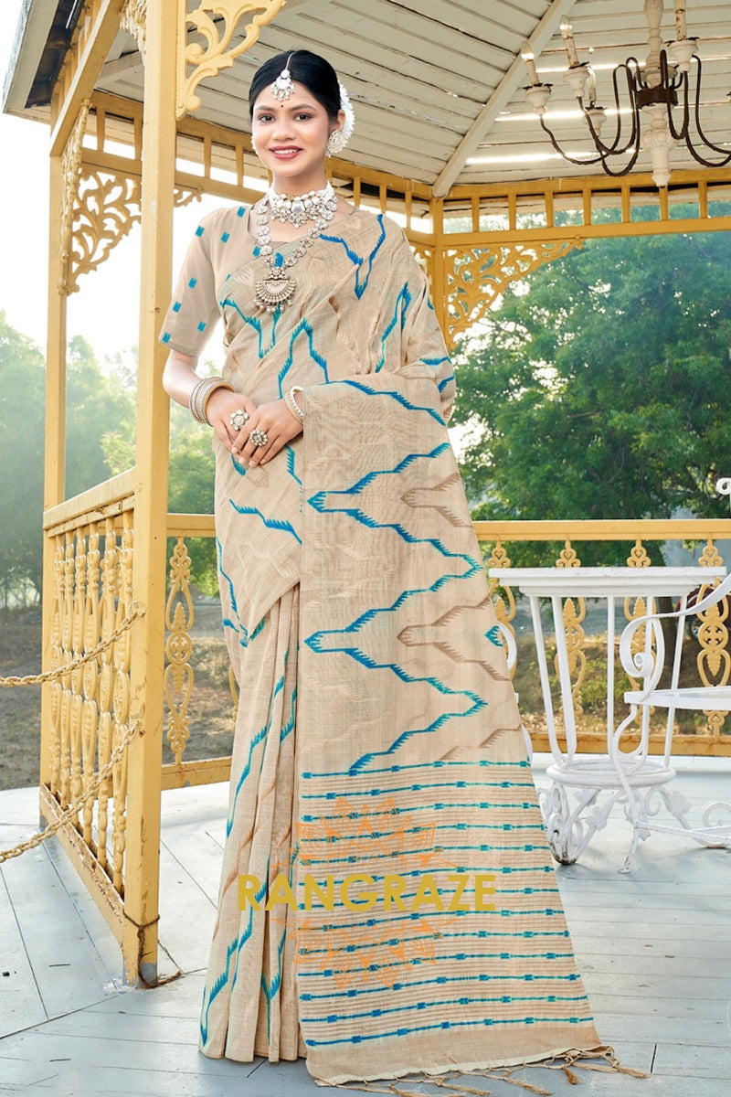 Turquoise Blue Pure Cotton Ivory Cream Saree