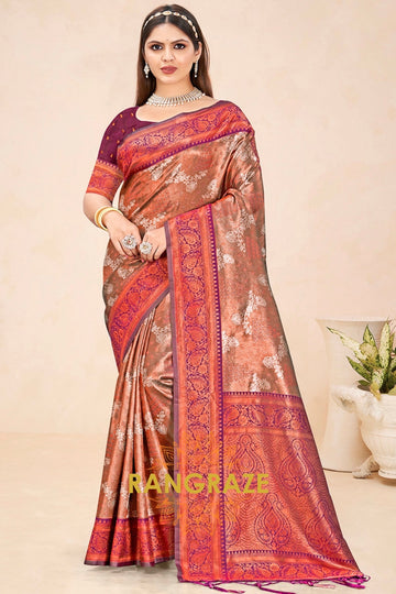 Imperial Brown Magenta Purple Floral Tussar Silk Saree With Blouse