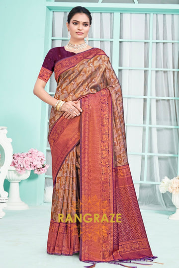 Majestic Brown Purple Floral Red Kanjivaram Silk Saree With Blouse